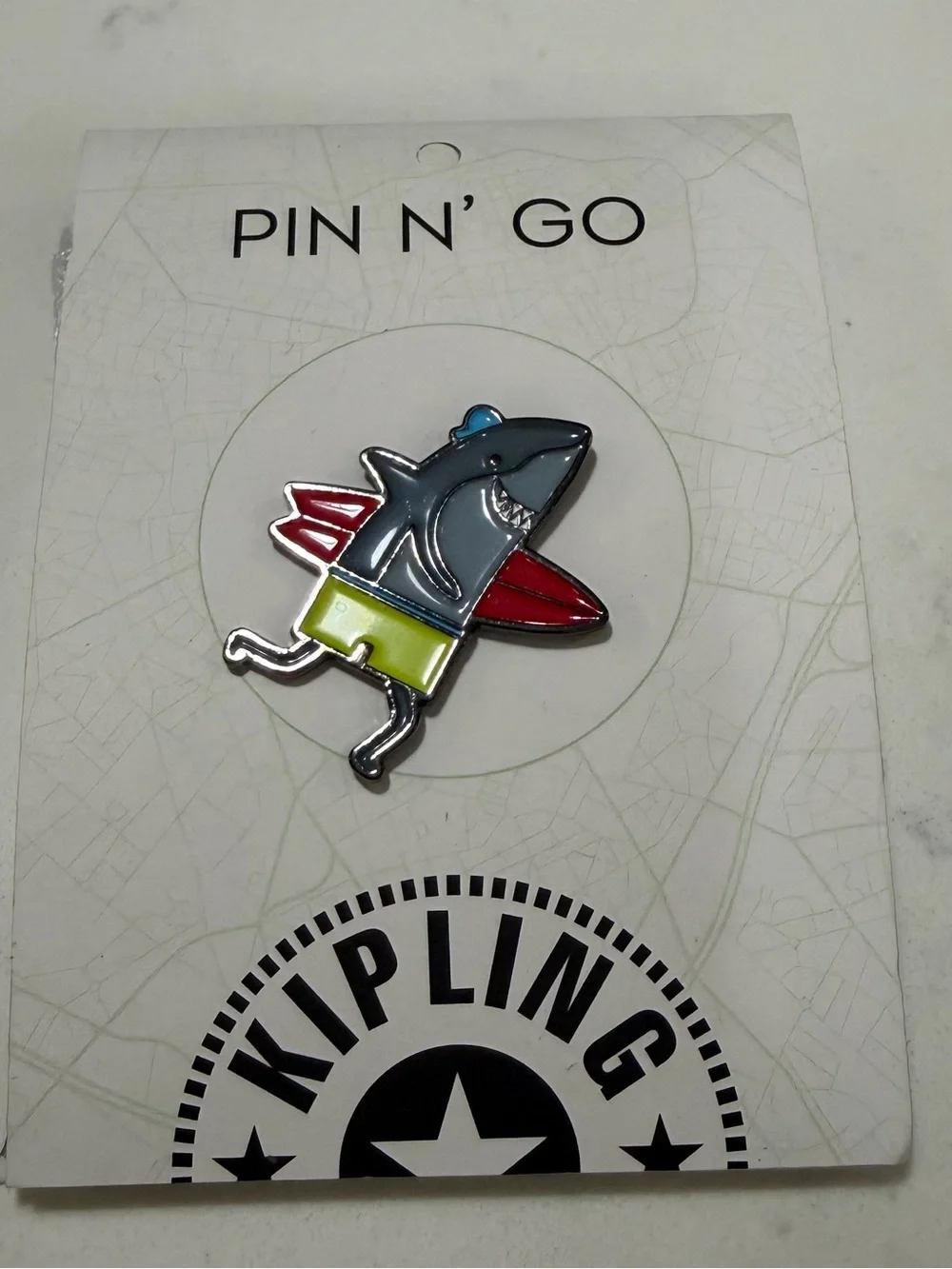 Kipling Shark Enamel Pin — Blue, Red, White